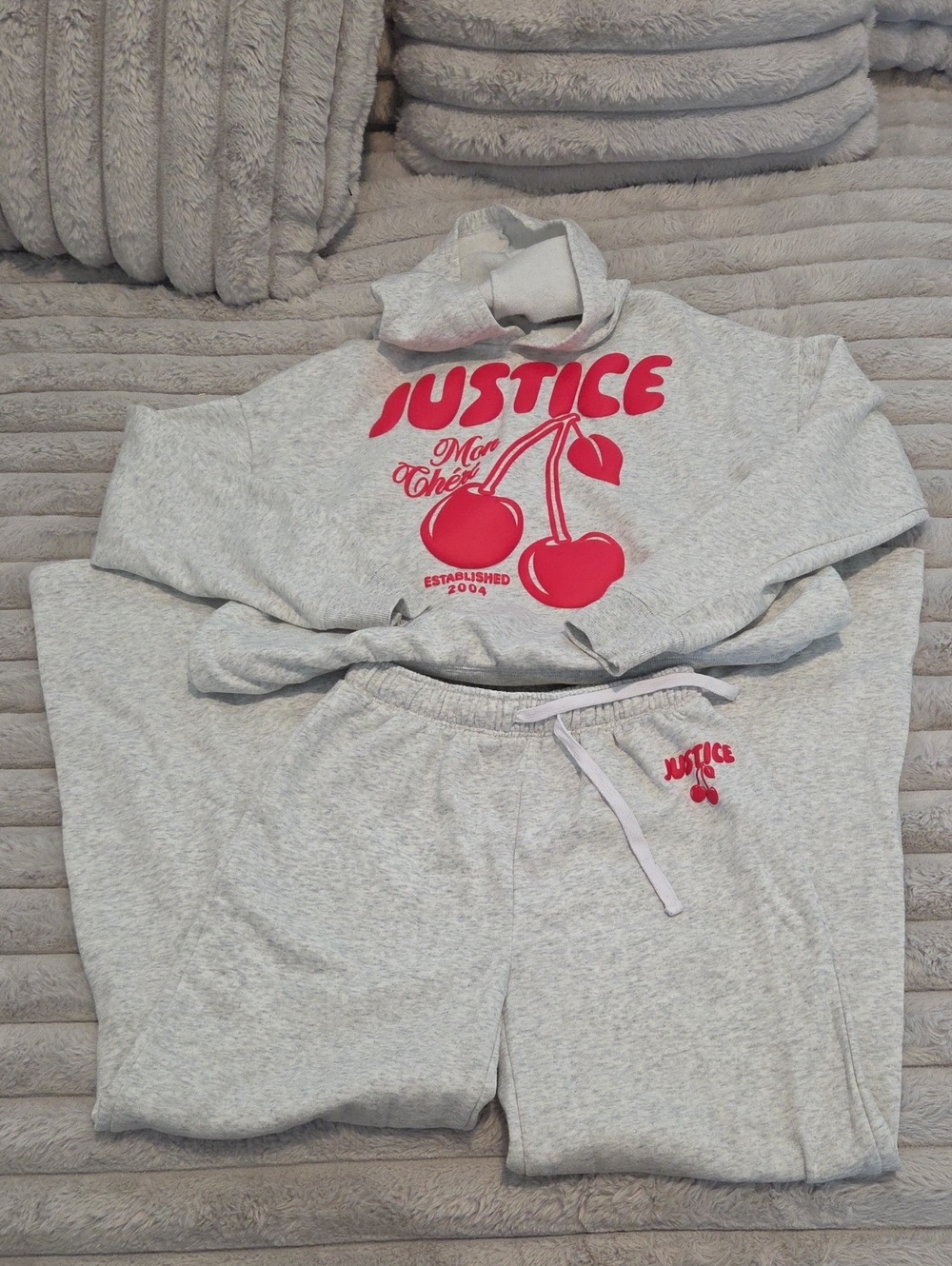 Justice Girls Gray Sweatpantsand Hoodie  with Red Logo Cherries